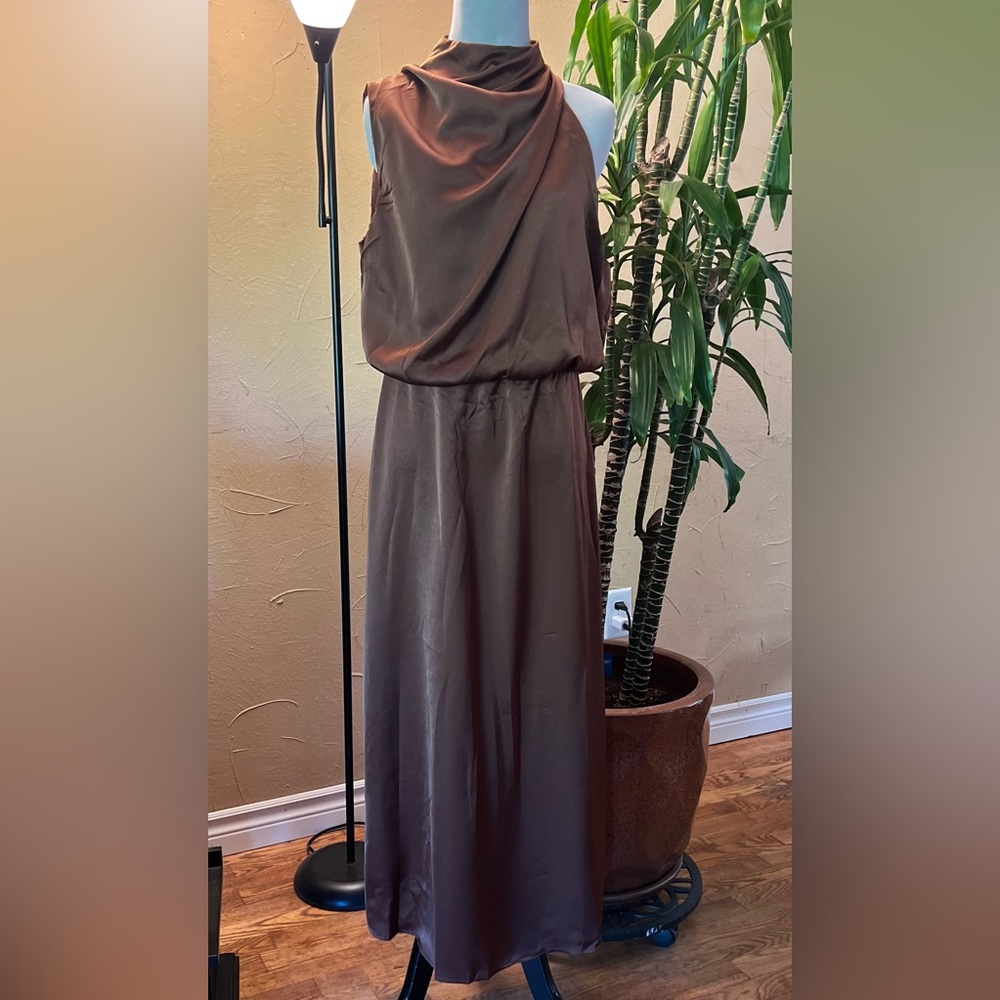High neck brown satin evening dress